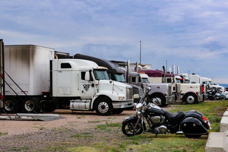 Semis transporting motorcycles for the Sturgis Motorcycle Rally at Rapid City Airport