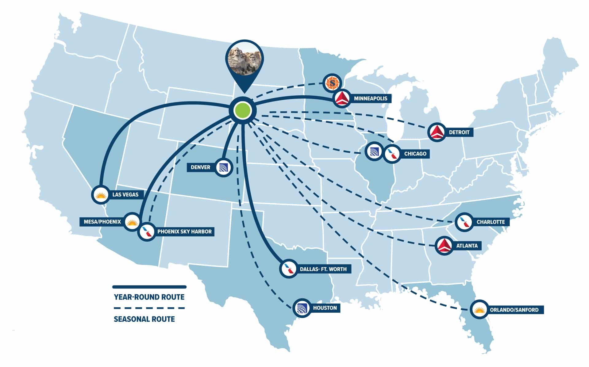 20260309_Flights Rapid City Regional Airport Destination Map