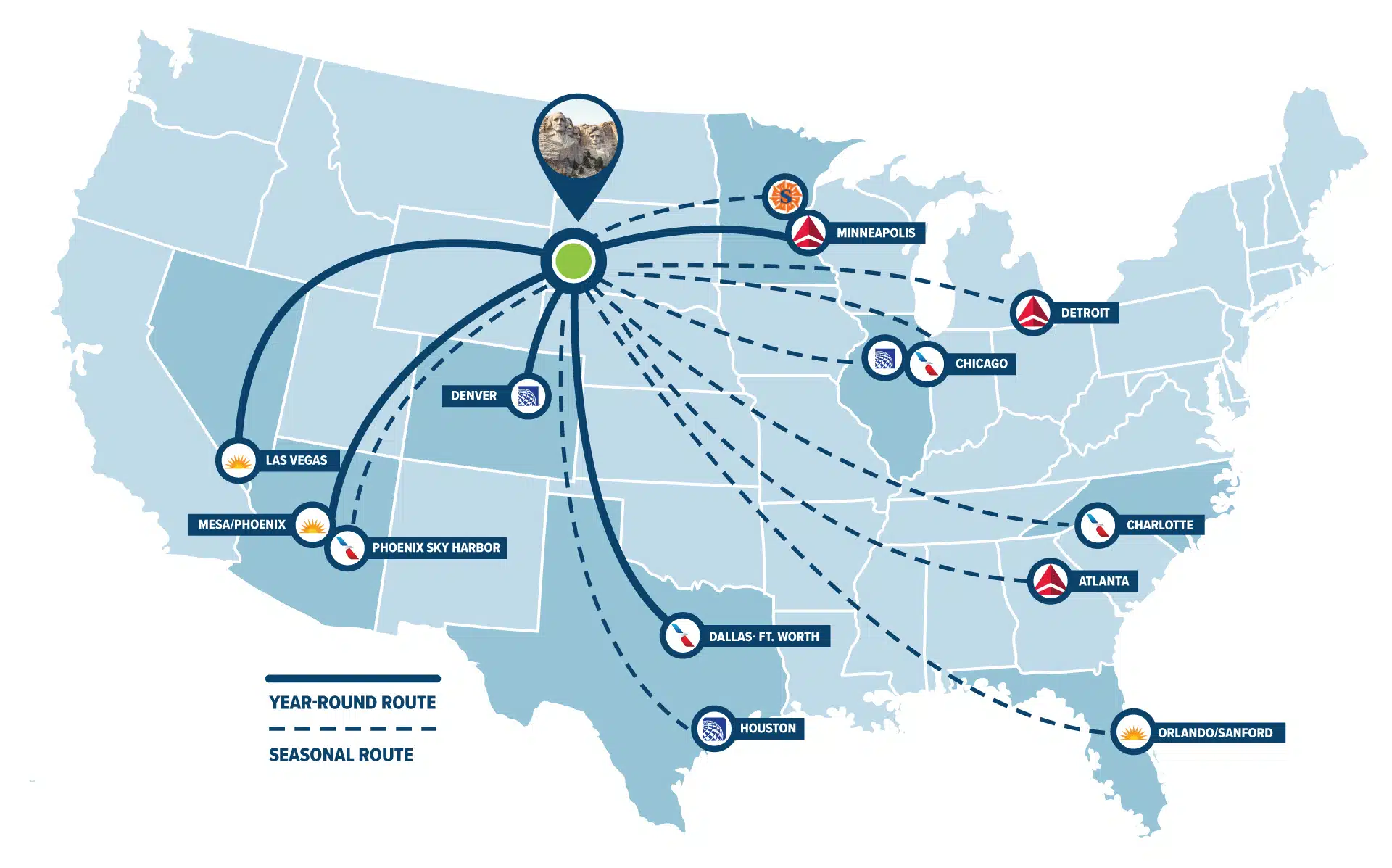 20260309_Flights Rapid City Regional Airport Destination Map